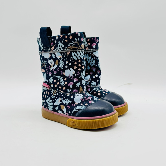 See Kai Run Girls 4c Blue Purple Animal Forest Toddler Pull On Rain Boots - Picture 2 of 10